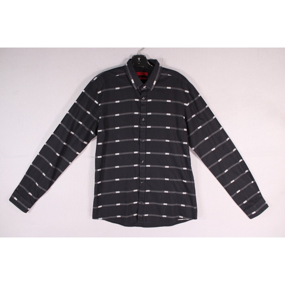 HUGO Hugo Boss Men's M Slim Fit Black Gray Striped Long Sleeve Shirt Red Label